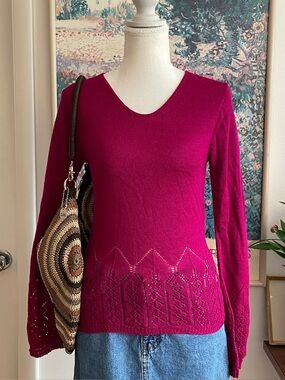 Y2K Knit Sweater Womens Medium Pink Red Pointelle V-Neck Boho Dark Academia CENY